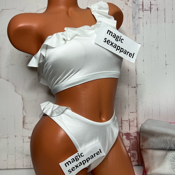 Victoria's Secret Other - VS SWIM 2 PC LOGO L OFF-SHOULDER TOP XL HIGH-WAIST CHEEKY BOTTOMS RUFFLES WHITE